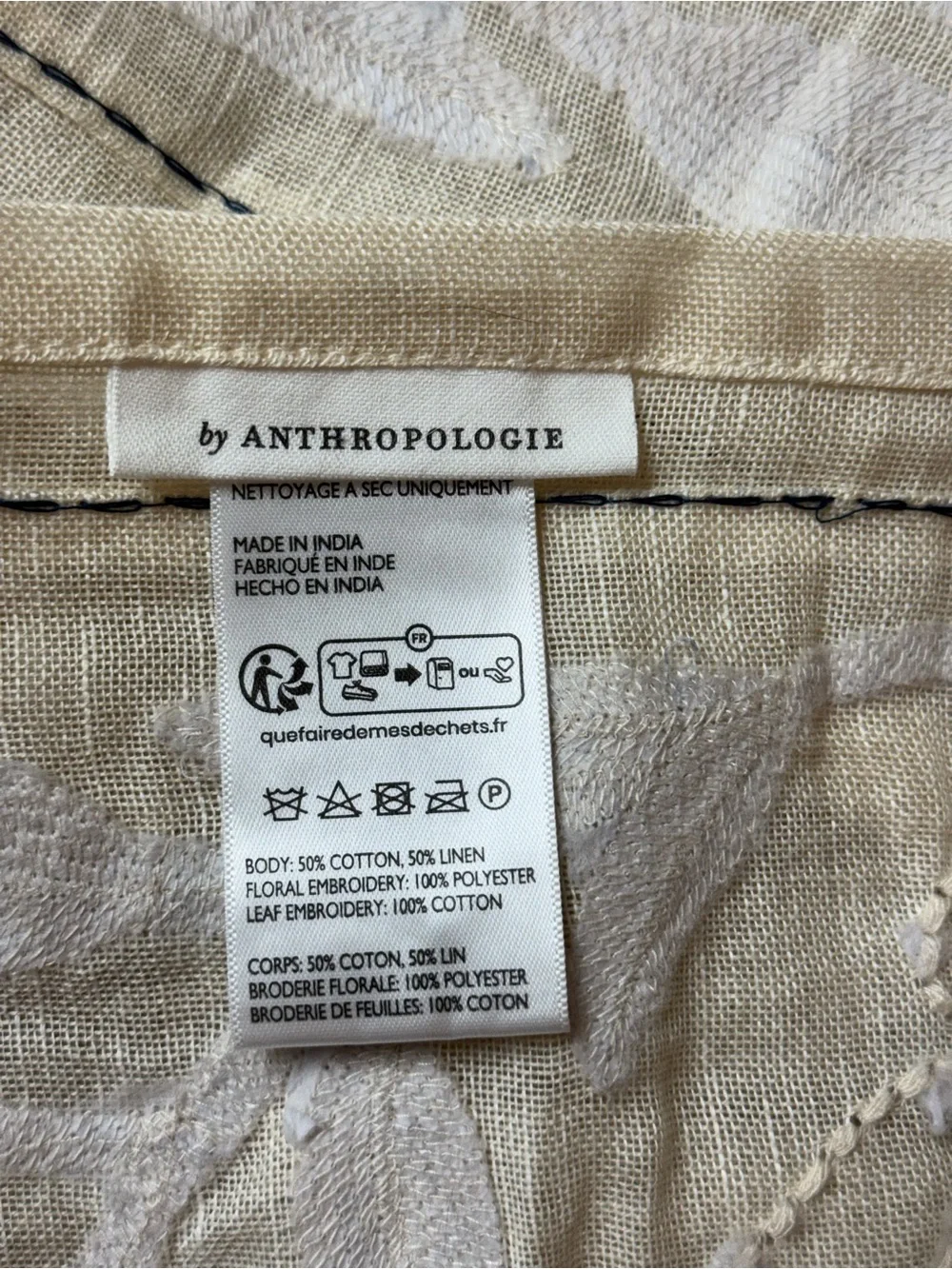 Anthropologie Manette Embroidered Cotton Linen Sheer Curtain, Neutral, 2 Panels